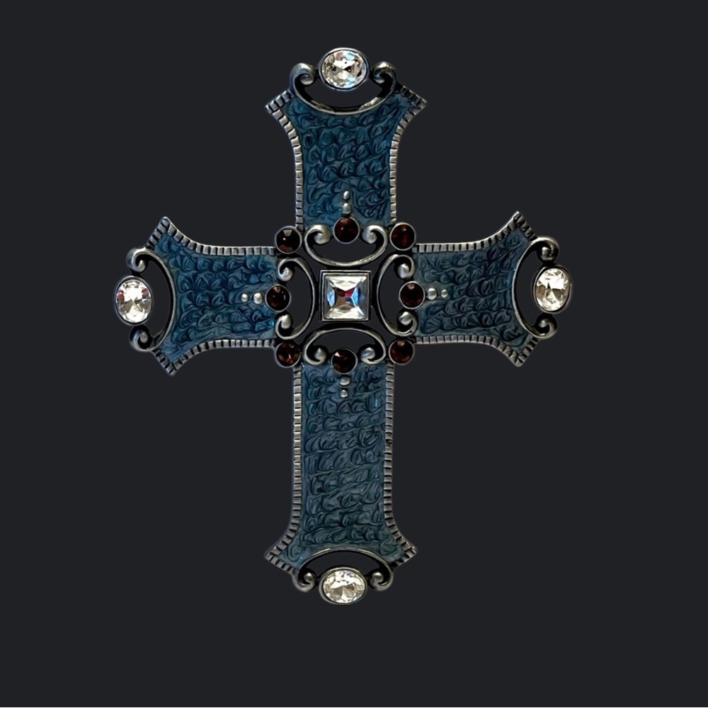 Blue Enamel Metal Cross with Rhinestones. Pre owned